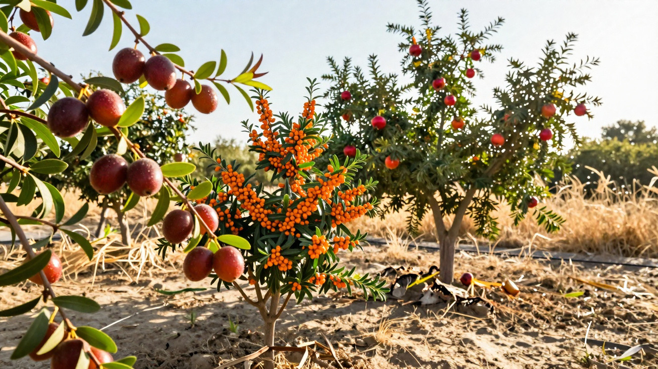Planta com bagas vermelhas e árvore pequena com frutos num campo seco ao sol.
