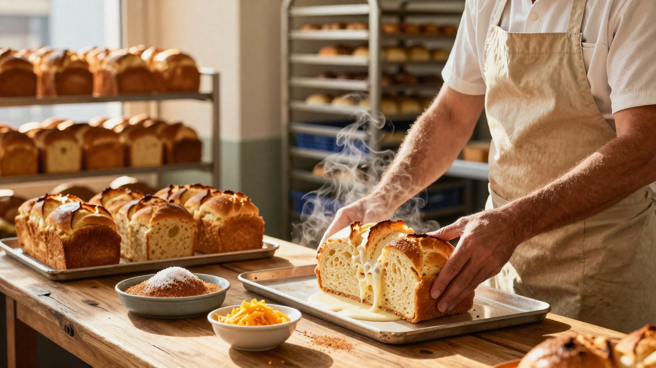 Padeiro a partir pão quente e húmido com manteiga derretida numa padaria tradicional.