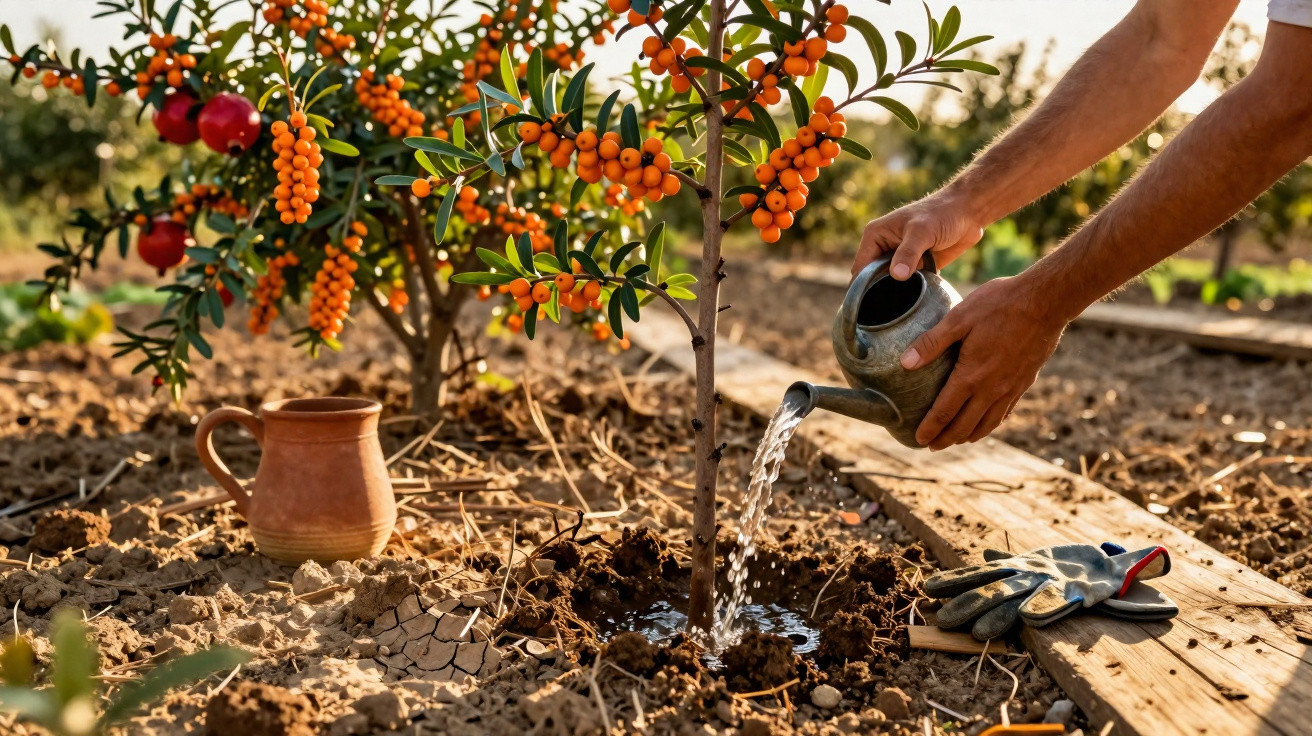 Pessoa a regar uma pequena árvore de frutos alaranjados num jardim ao ar livre.