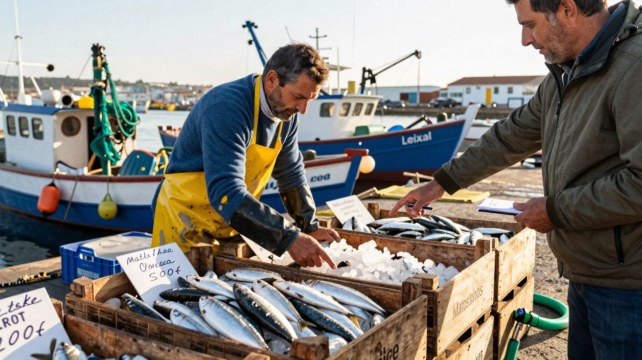 Pescador a vender peixe fresco em caixas de madeira num cais com barcos ao fundo.