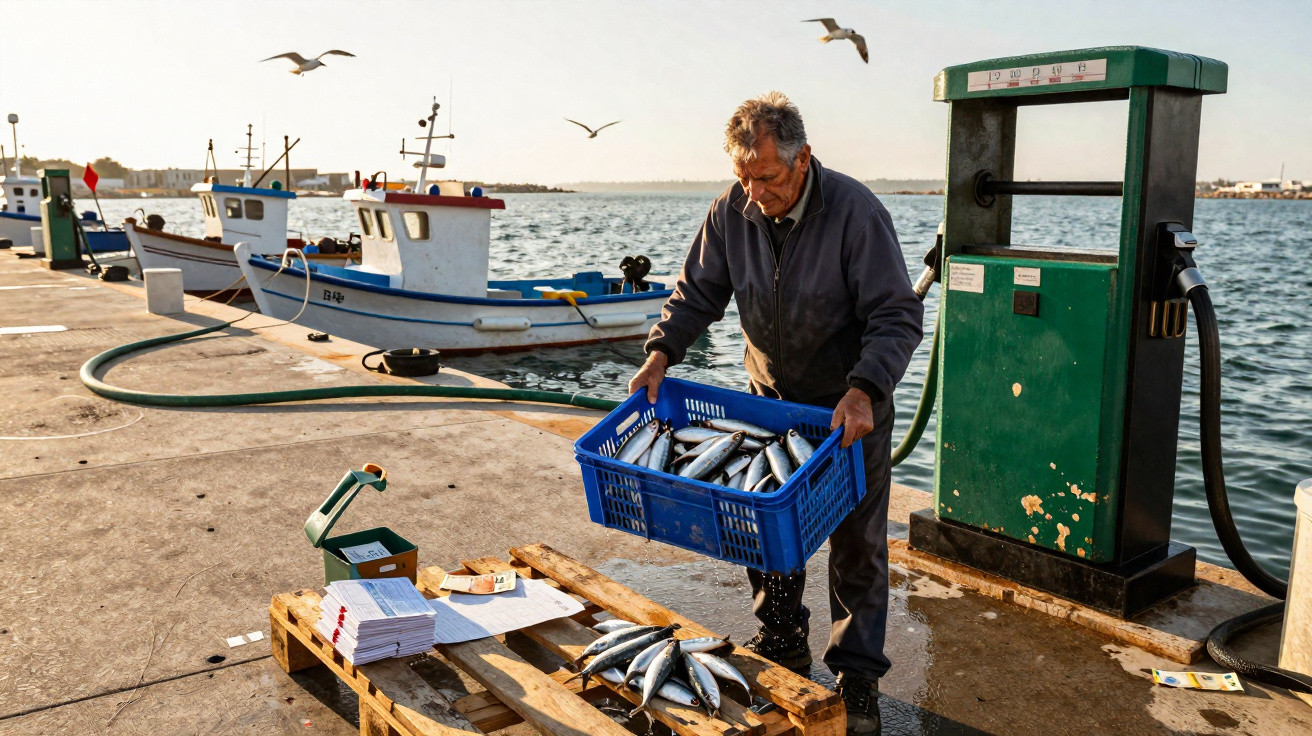 Homem a descarregar peixe fresco numa marina com barcos de pesca estacionados ao fundo.