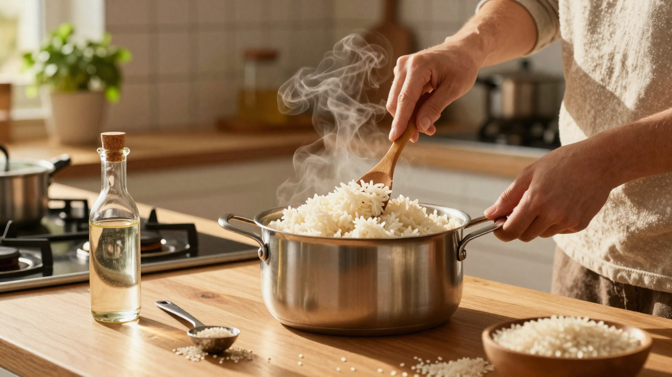 Pessoa a mexer arroz branco cozido numa panela de inox numa cozinha iluminada.