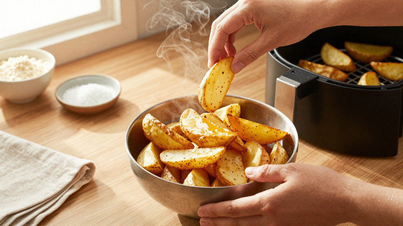 Mãos a retirar batatas fritas quentes e fumegantes de uma tigela, ao lado de uma frigideira de ar.