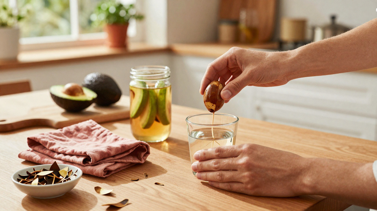 Mãos a remover o caroço de abacate de um copo de água sobre uma mesa com abacate e utensílios.