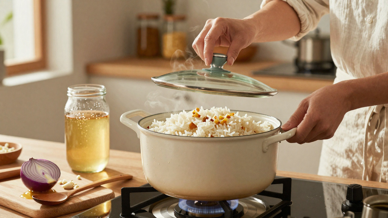 Pessoa a levantar a tampa de uma panela branca com arroz fumegante no fogão.