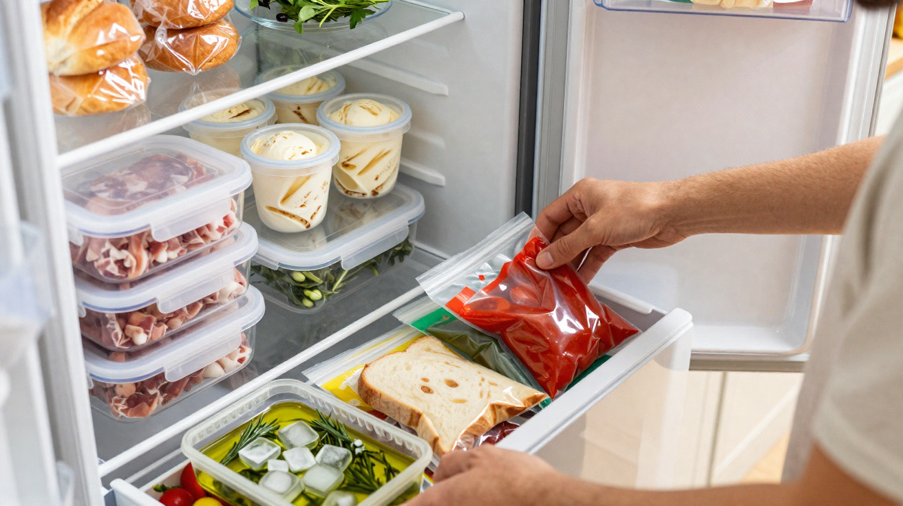 Pessoa a guardar embalagem de legumes vermelhos no frigorífico com alimentos organizados em caixas transparentes.