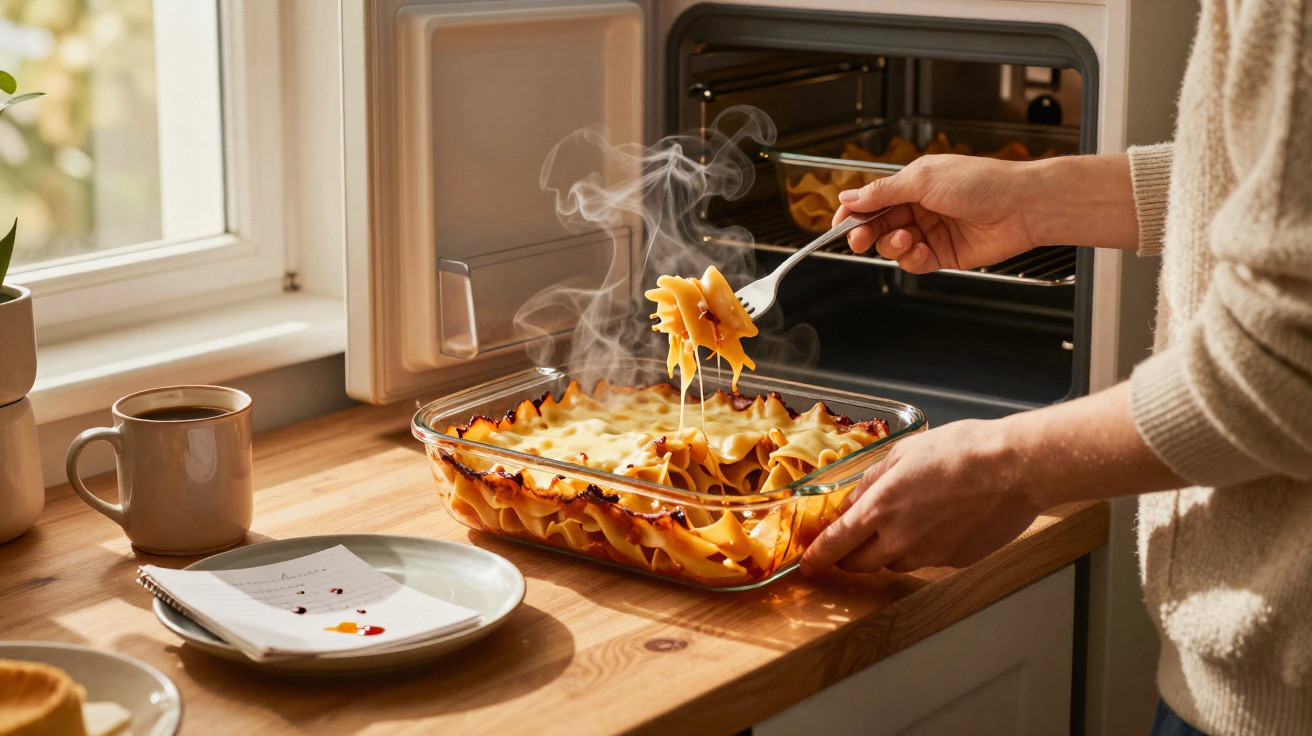 Pessoa a retirar uma travessa de lasanha fumegante do forno numa cozinha iluminada pela janela.