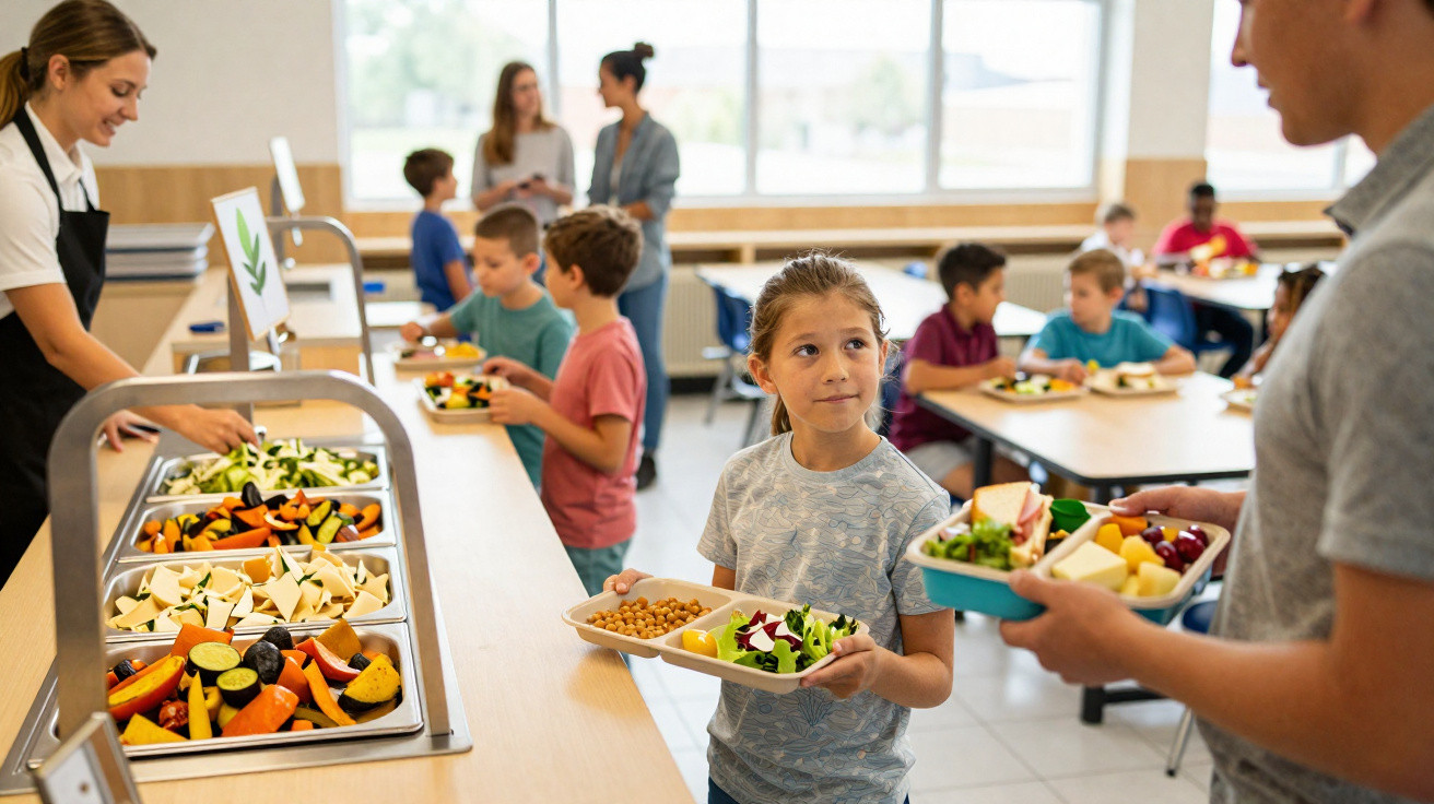 Crianças numa cantina escolar a receber e comer refeições saudáveis com legumes, frutas e saladas.