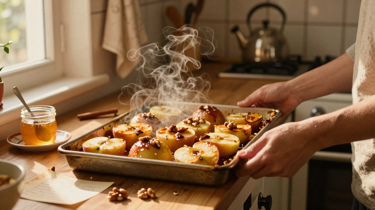 Mãos seguram tabuleiro com maçãs assadas fumegantes, mel e nozes numa cozinha iluminada.