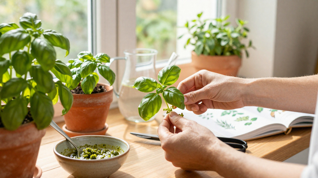 Mãos a apanhar folhas de manjericão fresco numa planta em vaso numa cozinha com luz natural.