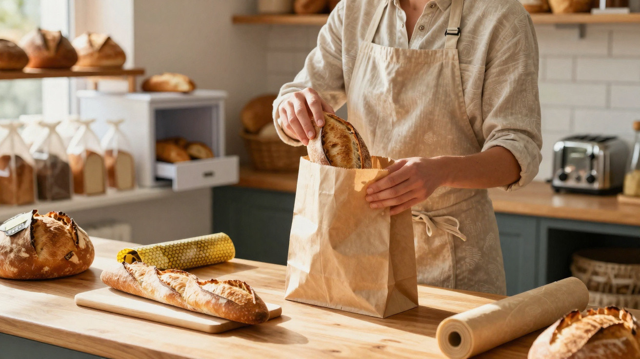 Pessoa a colocar pão acabado de fazer num saco de papel numa cozinha rústica.