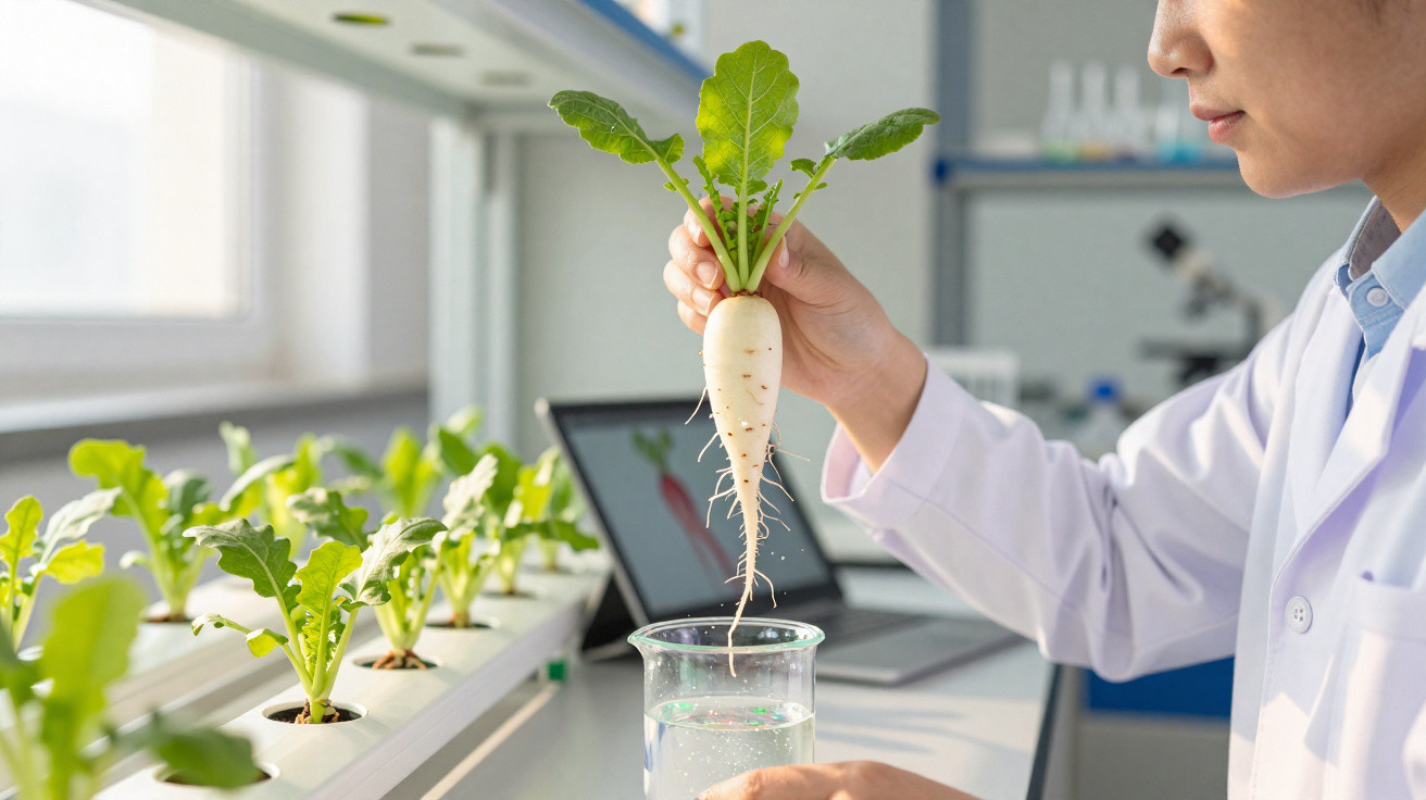 Investigador em laboratório a segurar uma raiz de rabanete branco com folhas verdes para análise científica.
