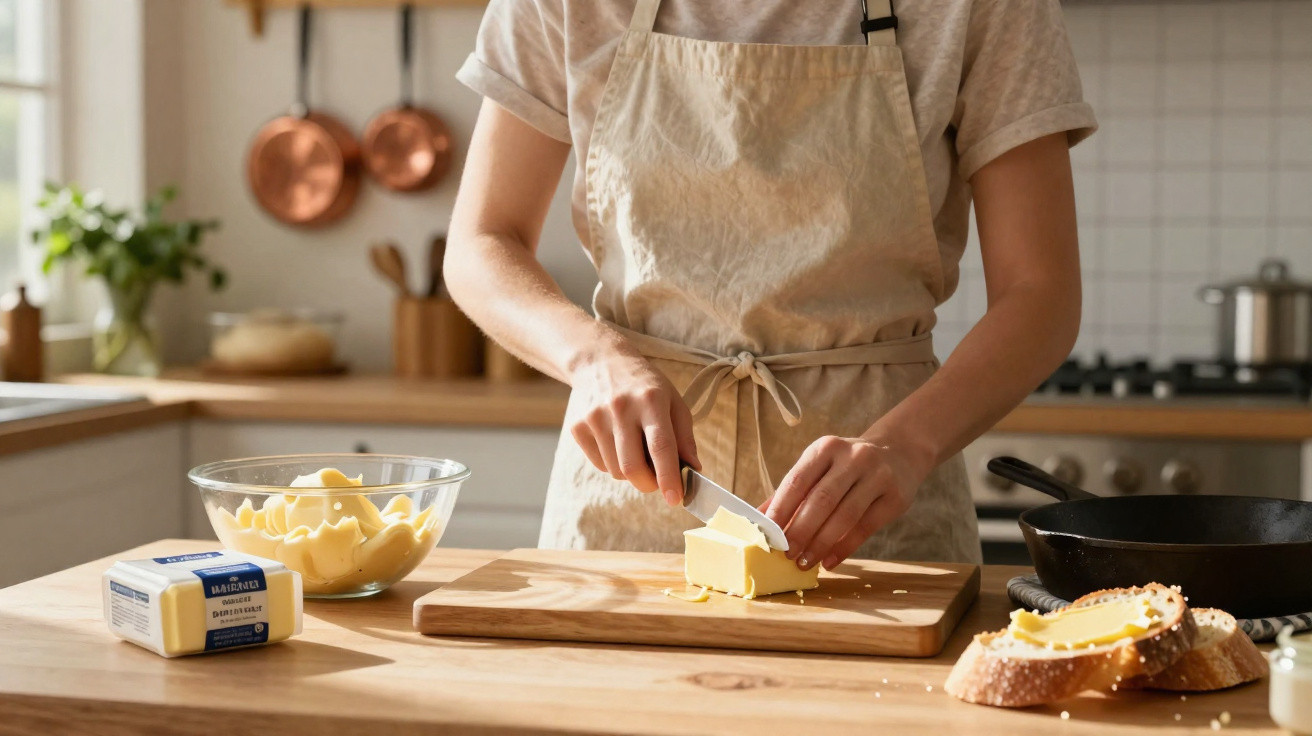 Pessoa a cortar manteiga numa tábua de cozinha, com pão e bowl de massa ao fundo.