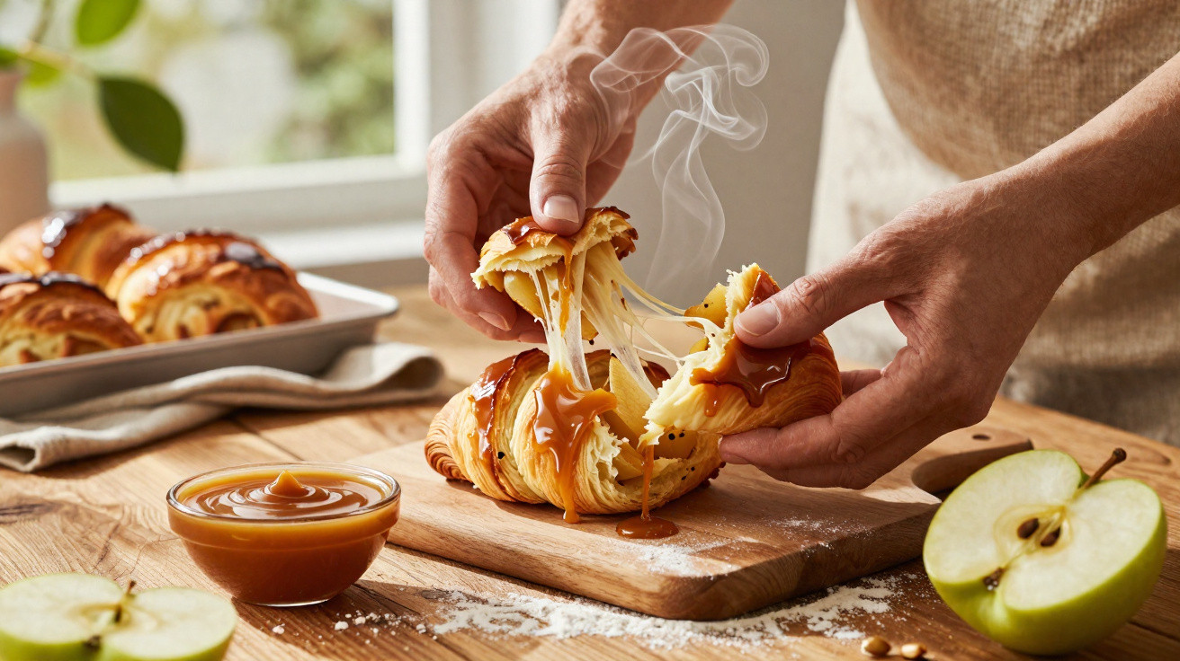 Mãos a partir um croissant quente com queijo e caramelo, perto de maçã verde cortada e molho caramelizado.