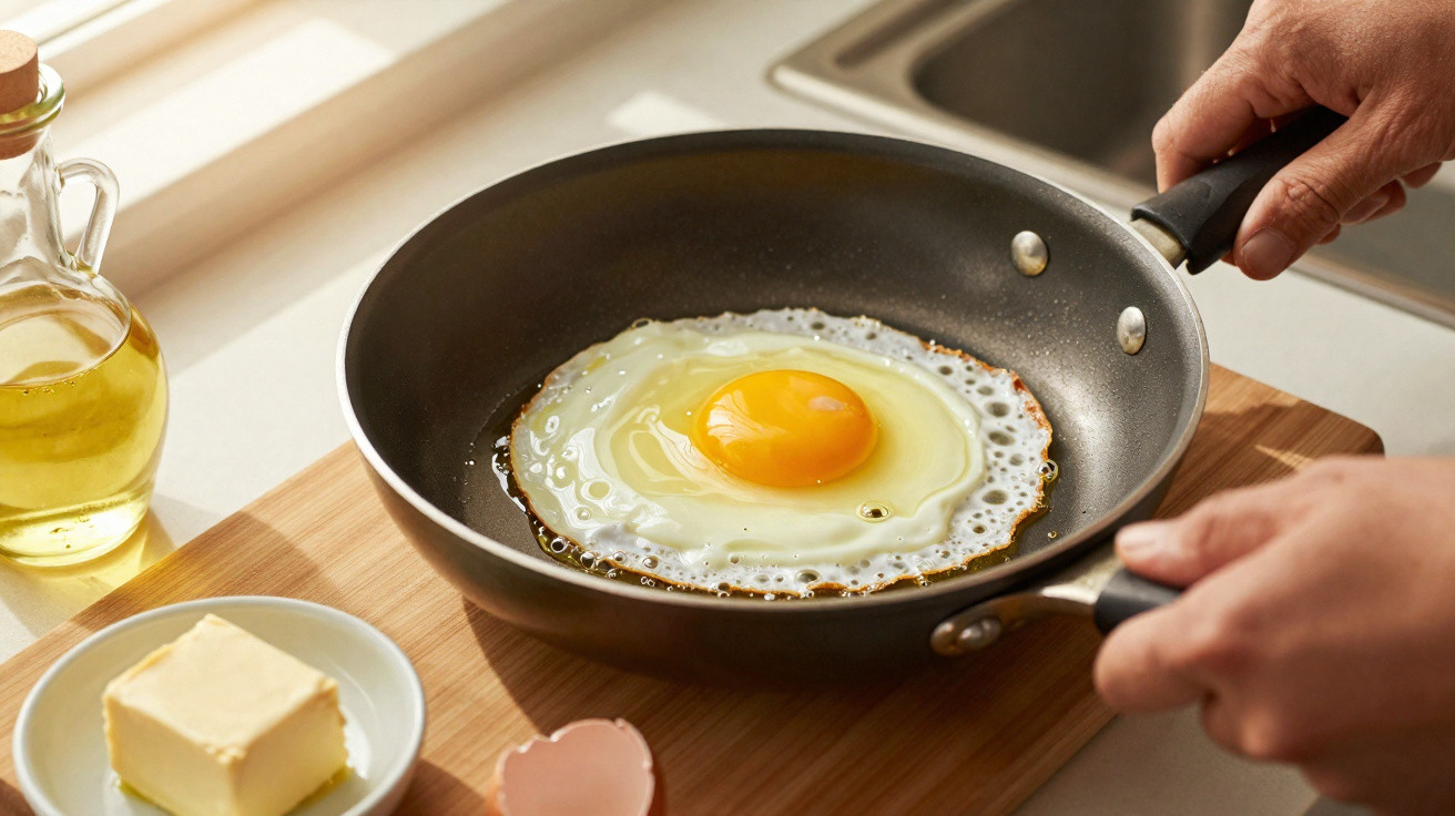Ovos estrelados a cozinhar numa frigideira com mãos a segurá-la, perto de manteiga e azeite.