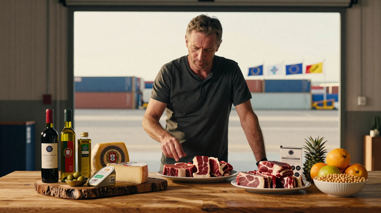 Homem a preparar carnes numa mesa com queijos, vinhos, frutas e azeite num armazém.