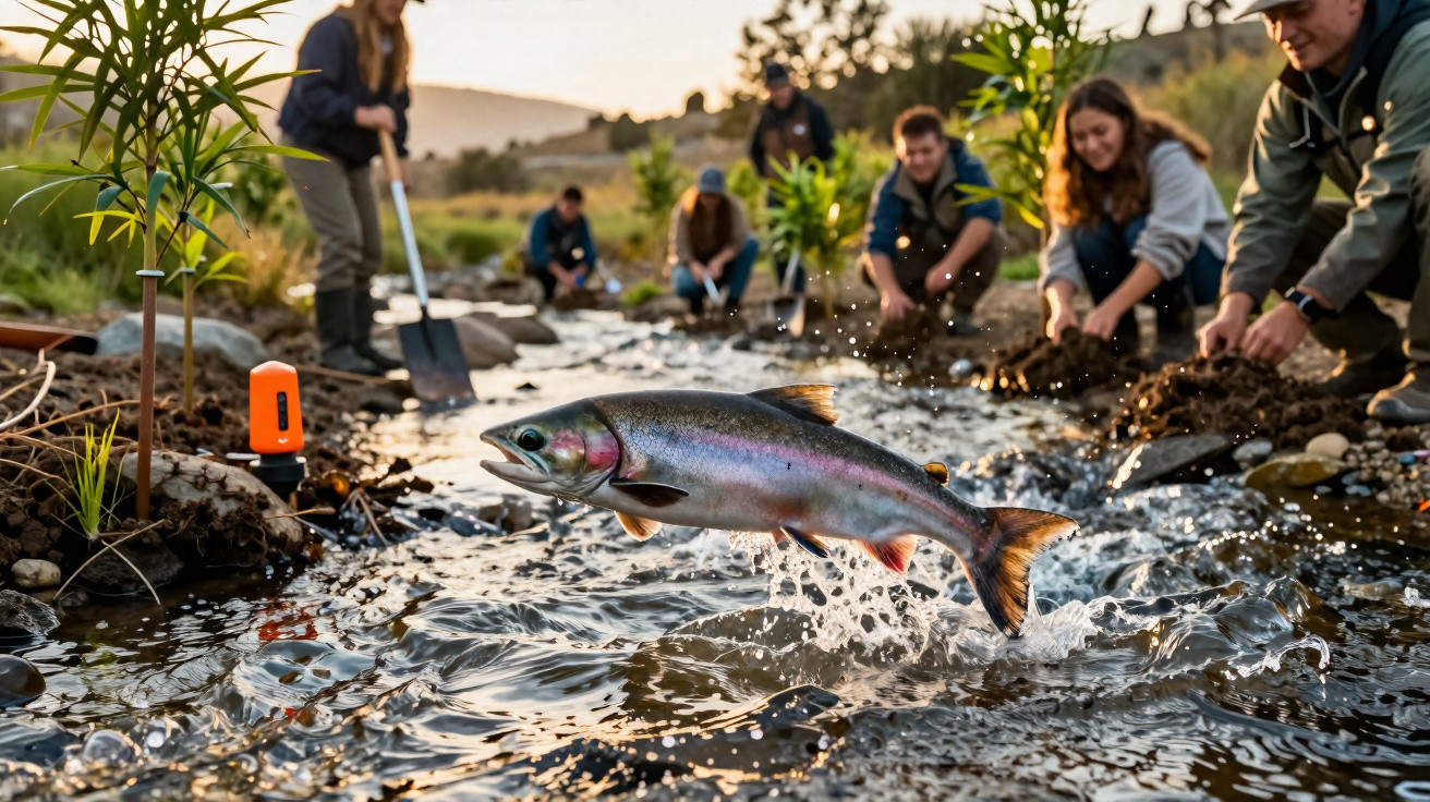 Peixe a saltar num riacho com várias pessoas a plantar árvores e a mexer na terra nas margens.