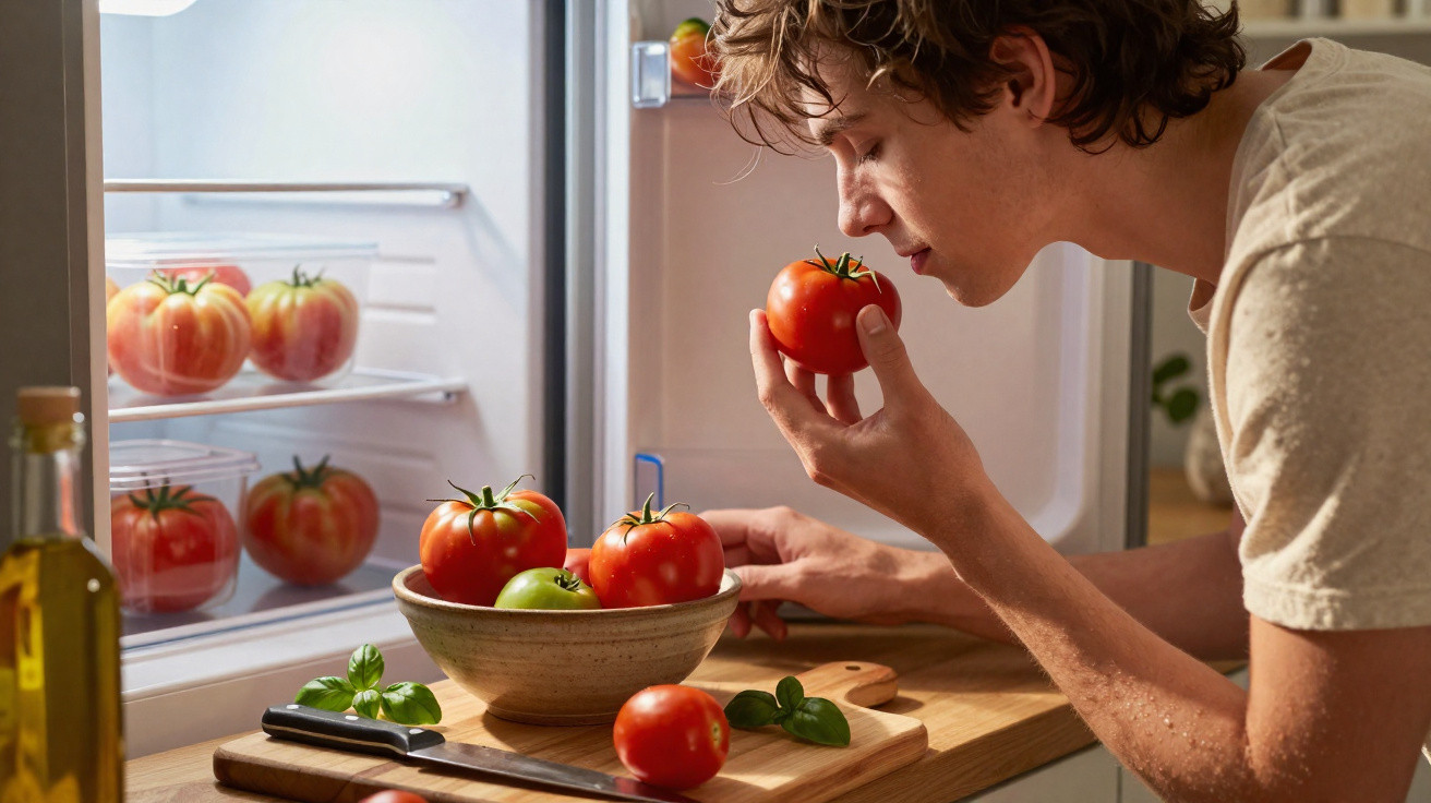 Jovem a cheirar um tomate vermelho, ao lado de uma bancada com uma tigela de tomates e um frigorífico aberto.