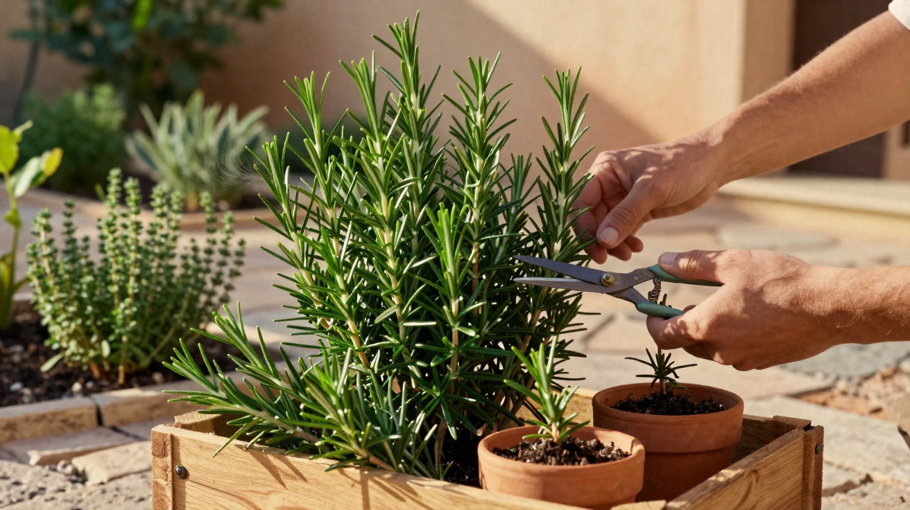 Pessoa a cortar raminhos de alecrim num vaso de madeira, com duas mini plantas em vasos de barro junto.