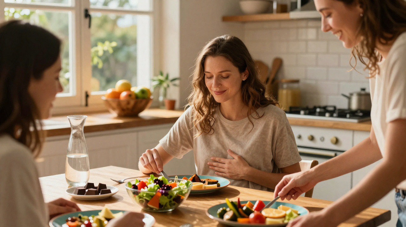 Três mulheres a partilhar uma refeição saudável à mesa numa cozinha iluminada pela manhã.