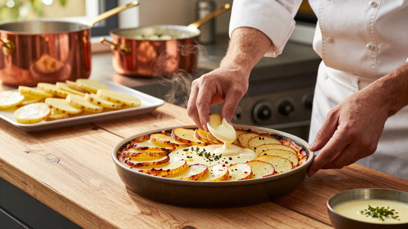 Chef a preparar tarte com fatias de maçã e polvilhando com ervas numa cozinha moderna.
