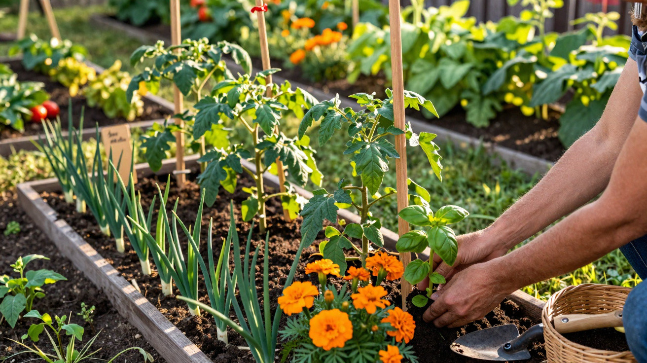Pessoa a plantar manjericão num canteiro com plantas de tomate, cebolas e flores amarelas e laranjas.