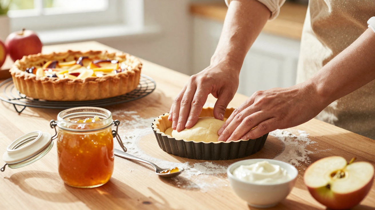 Mãos a preparar tarte de maçã num tabuleiro, com doce, natas e maçã cortada numa bancada de cozinha.