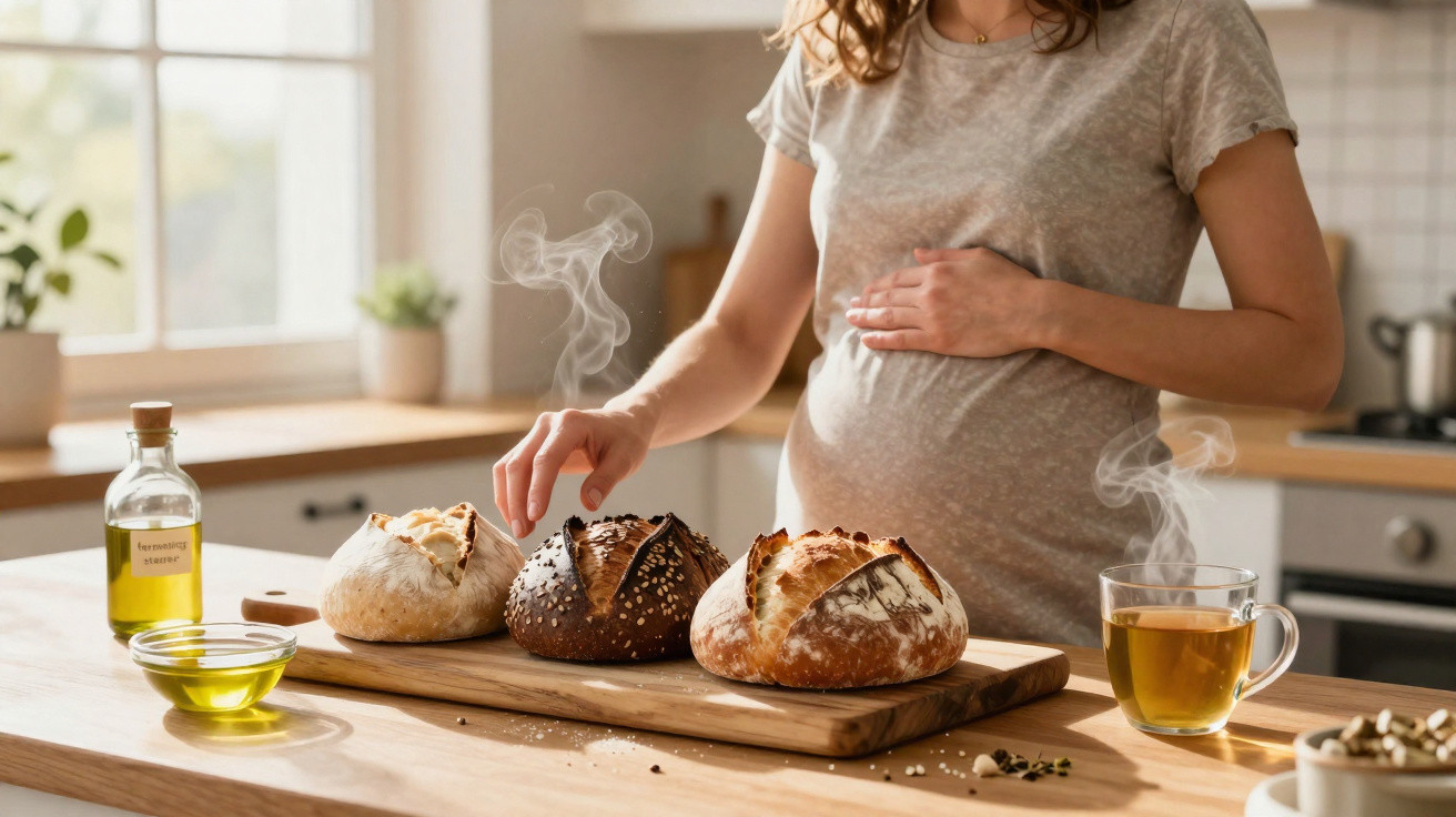 Mulher grávida segura a barriga com uma mão e apanha pão quente numa cozinha iluminada.