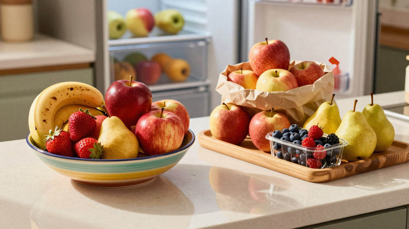 Fruteira com bananas, morangos, pêras e maçãs ao lado de tabuleiro com maçãs, pêras e caixa de frutos vermelhos numa cozinha.