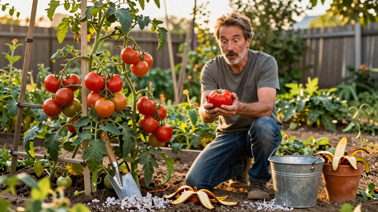 Homem surpreendido a segurar um tomate grande numa horta cheia de tomateiros maduros ao entardecer.