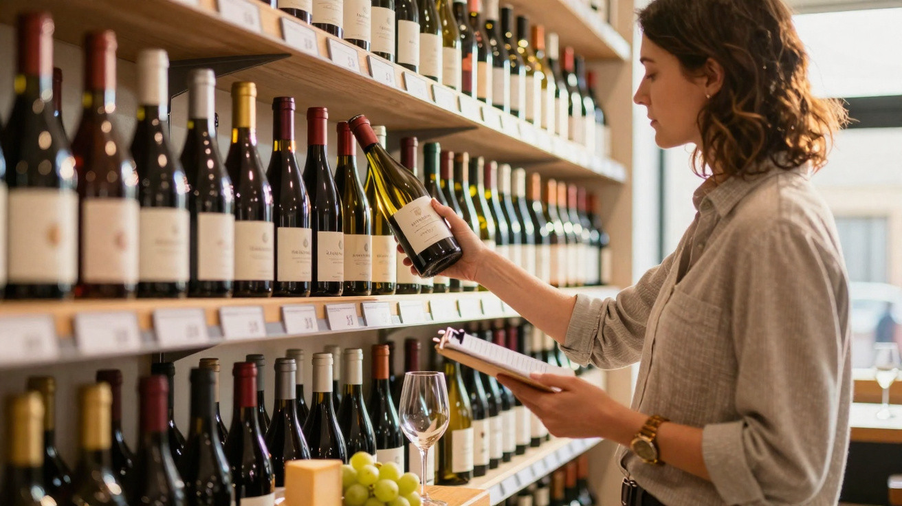 Mulher a escolher garrafa de vinho numa adega com várias prateleiras cheias de vinhos.