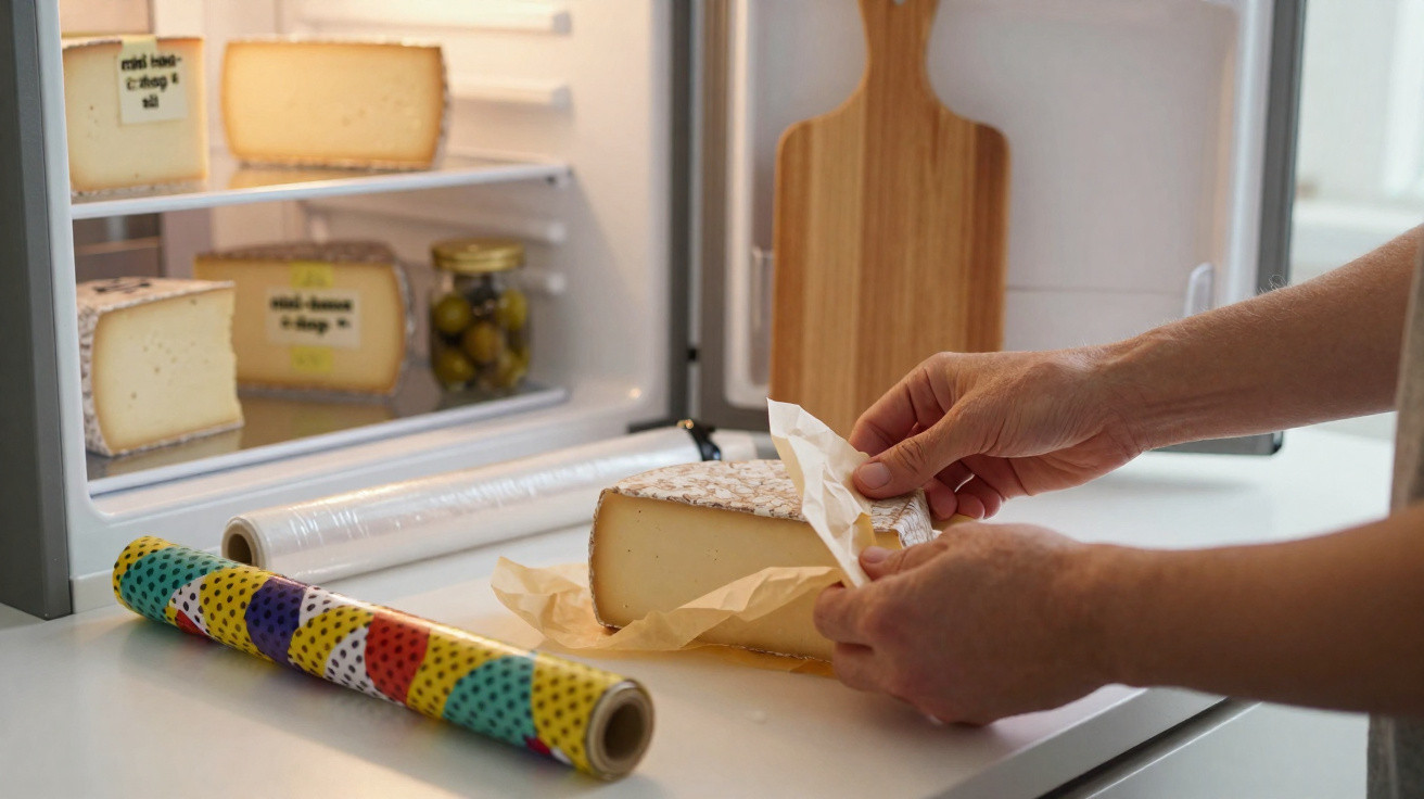 Mãos a embrulhar queijo em papel, com mais queijos e frasco de azeitonas numa pequena geladeira aberta.