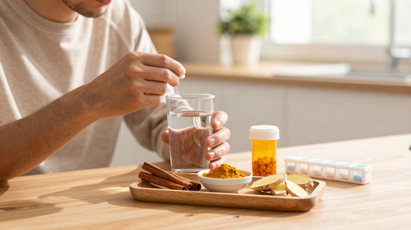 Pessoa segurando um copo de água e a pôr comprimido na boca com medicamentos e especiarias numa mesa.