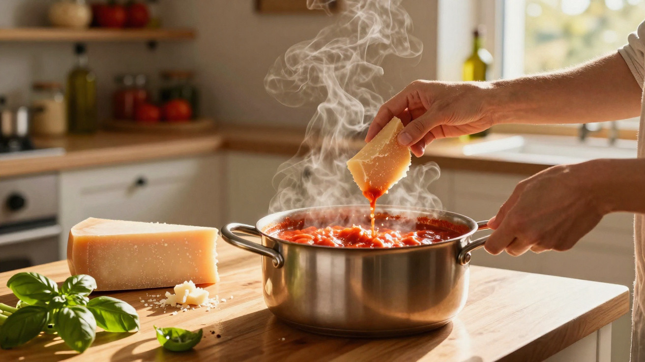 Mãos a adicionar queijo ralado a um tacho com molho de tomate quente numa cozinha iluminada.