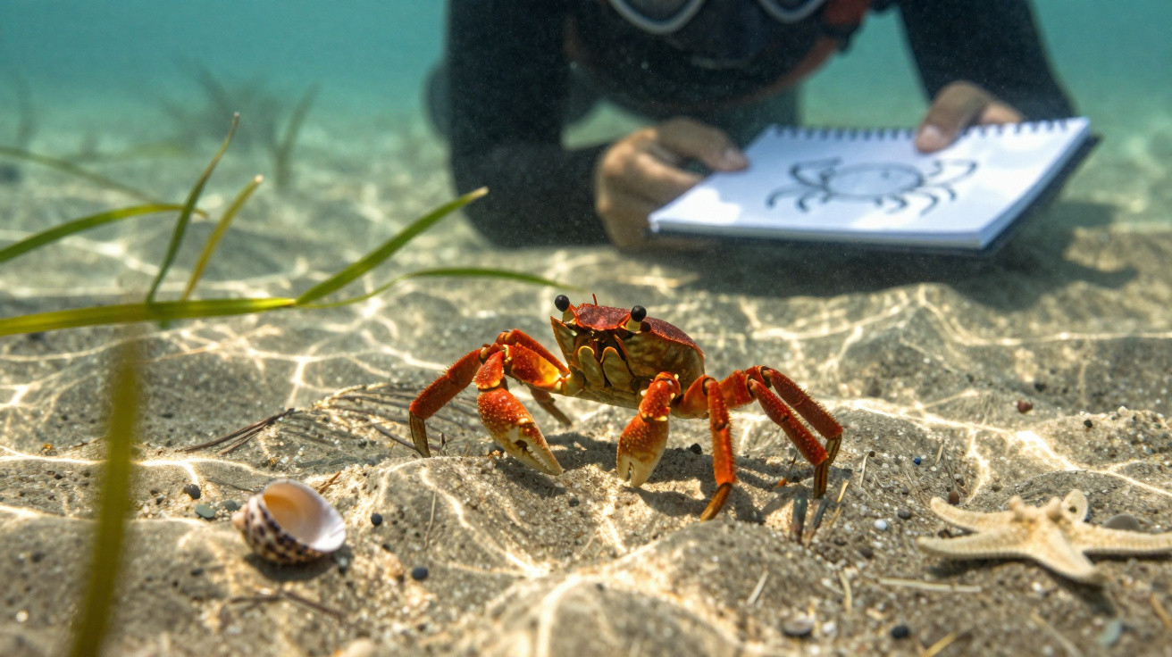 Caranguejo vermelho no fundo do mar com mergulhador a desenhar um esboço do animal em caderno.