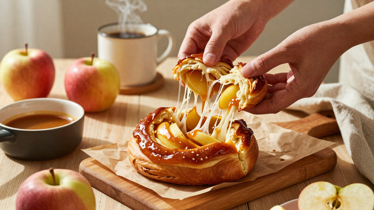 Pessoa a partir folhado recheado com maçã e queijo esticado, com maçãs e café ao fundo.