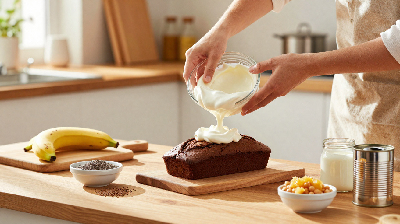 Pessoa a decorar um bolo de chocolate com creme branco numa cozinha iluminada.