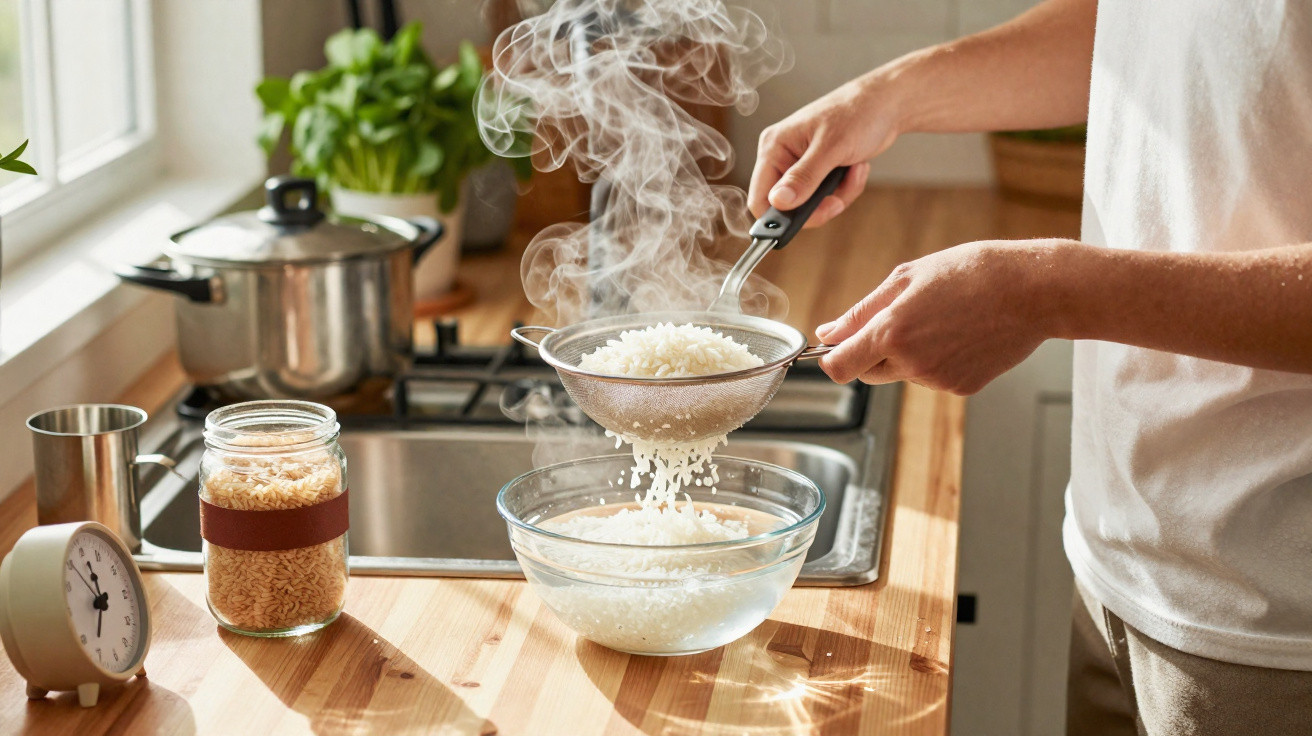 Pessoa a coar arroz cozido com vapor numa cozinha luminosa e equipada.