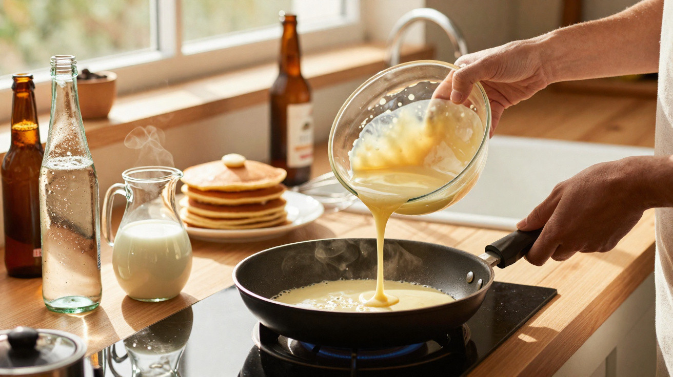 Pessoa a verter massa para panquecas numa frigideira quente numa cozinha moderna com panquecas e bebidas ao fundo.