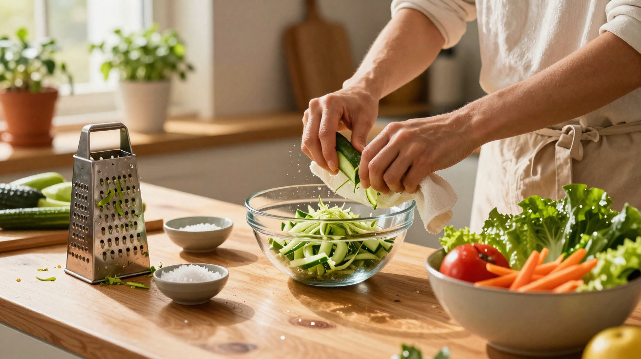 Pessoa a preparar salada fresca com pepino cortado em tiras numa cozinha iluminada.