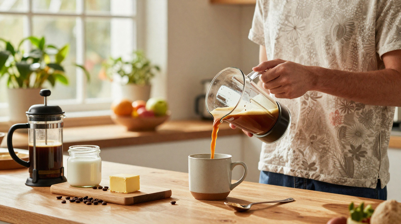 Pessoa a servir café numa chávena numa cozinha com utensílios e frutas ao fundo.