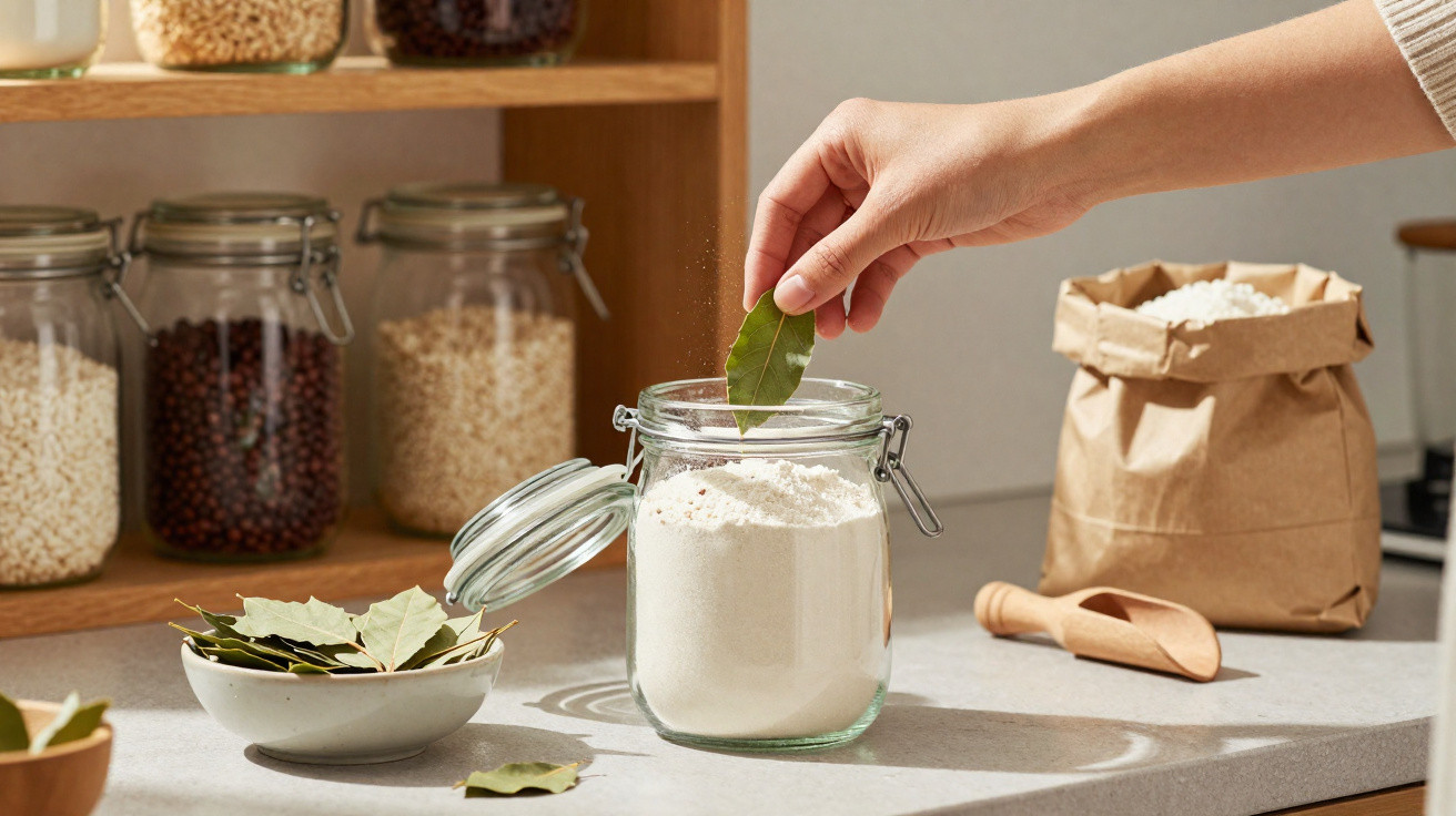Mão a colocar folha de louro num frasco de vidro com farinha numa cozinha organizada.