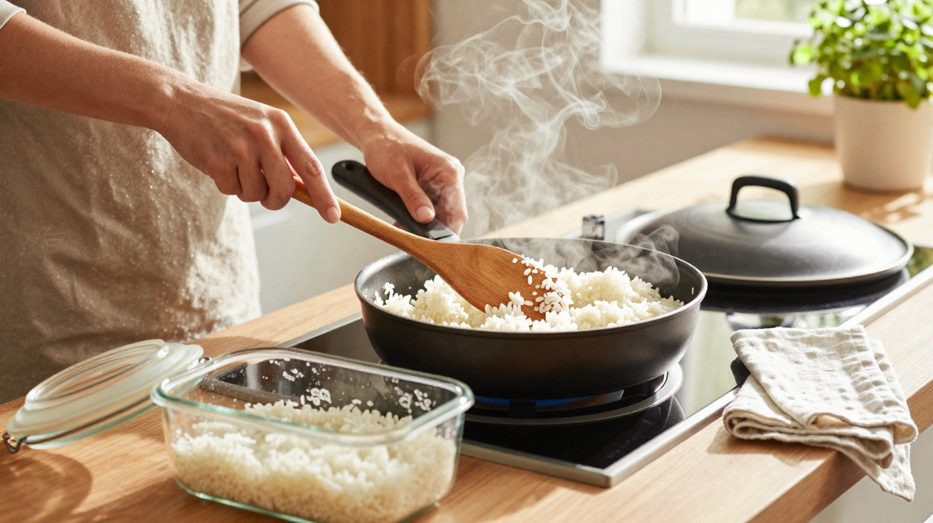 Pessoa a mexer arroz fumegante numa frigideira sobre fogão numa cozinha clara e organizada.