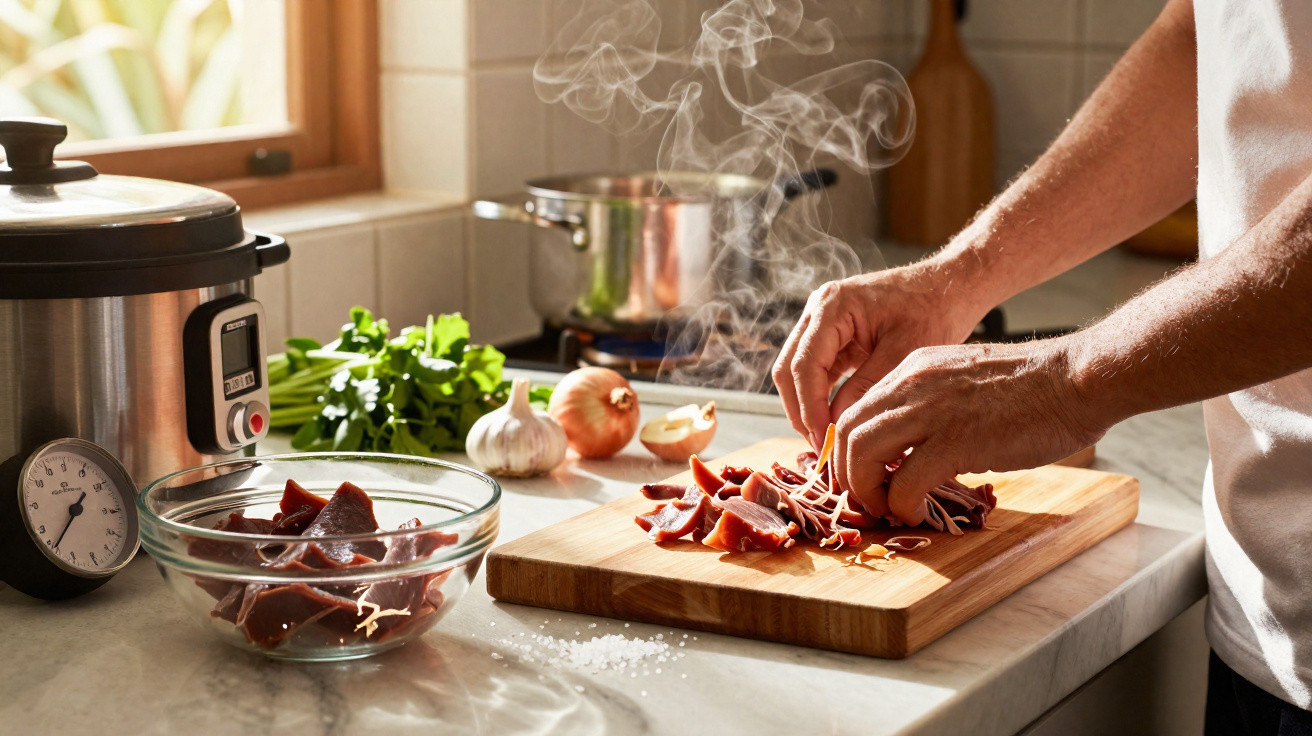 Pessoa a preparar carne numa tábua de cortar numa cozinha com ingredientes frescos e panela a ferver ao fundo.