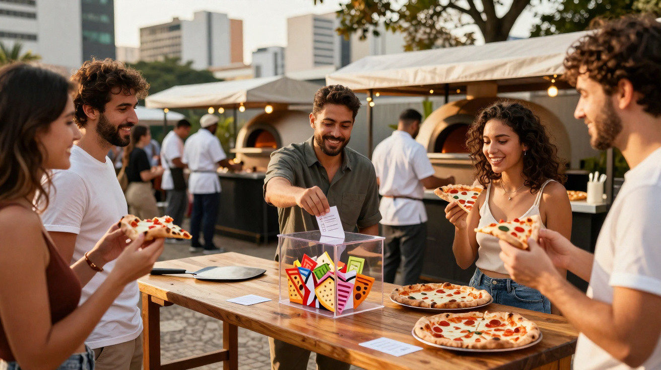 Grupo de jovens a comer pizza e a votar numa urna transparente numa festa ao ar livre.