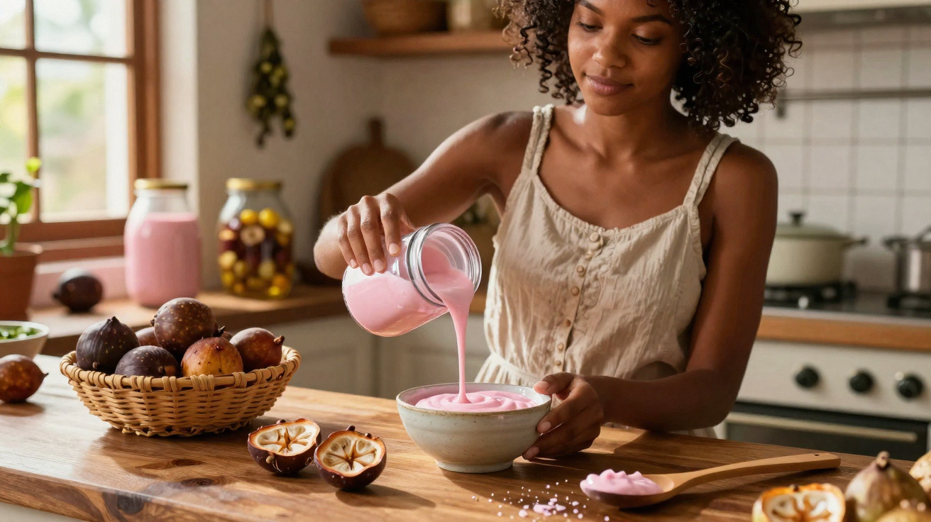 Mulher a verter iogurte rosa numa tigela numa cozinha com frutos na bancada.