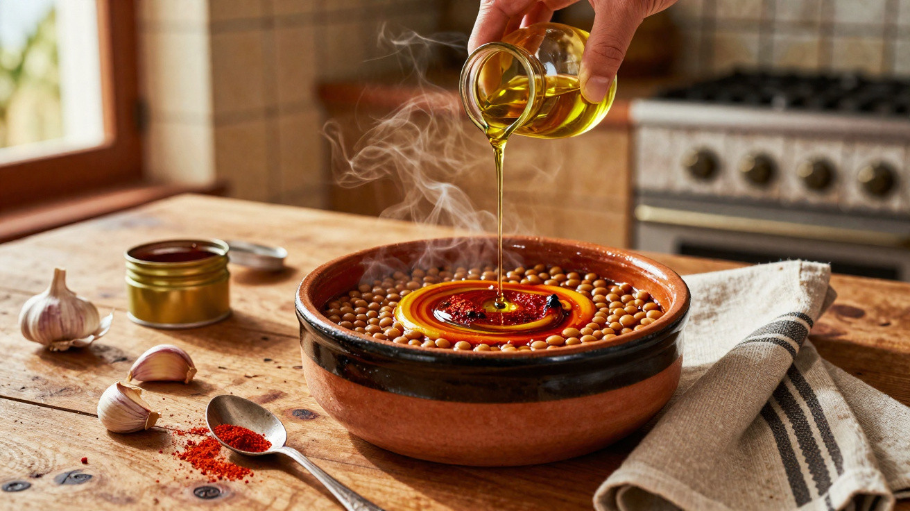 Mão a verter azeite numa tigela de barro com feijão, alho e especiarias numa cozinha rústica.