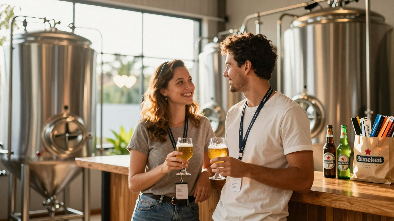 Duas pessoas a conversar e a beber cerveja artesanal numa cervejaria com equipamentos visíveis ao fundo.