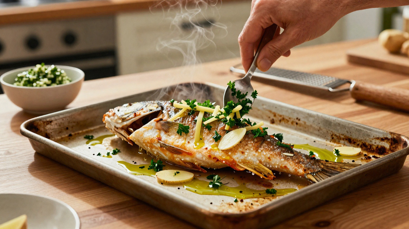 Peixe assado numa travessa, temperado com ervas frescas, alho e azeite, com vapor a subir.