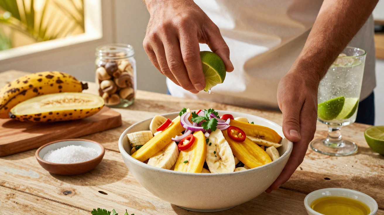 Pessoa a espremer lima sobre salada de banana e pimentos numa tigela, com ingredientes à volta.
